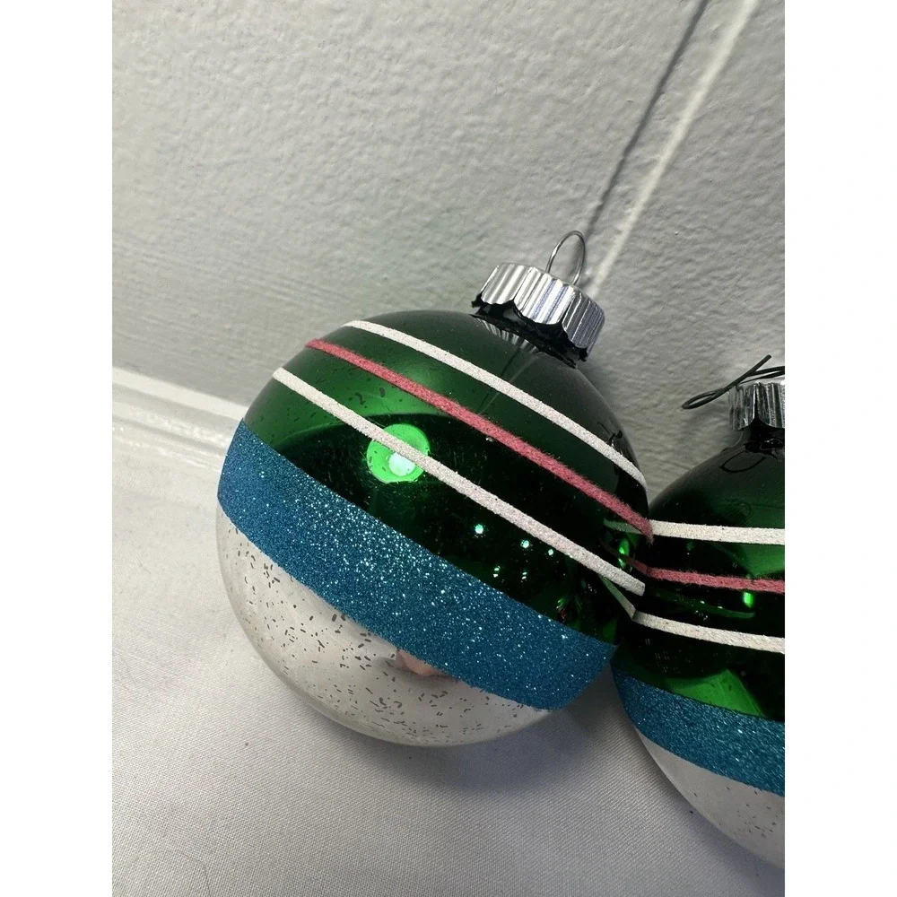 Vintage Radko Shiny Brite Green Striped Ball Glitter Ornament set Xmas‎ Tree (2)